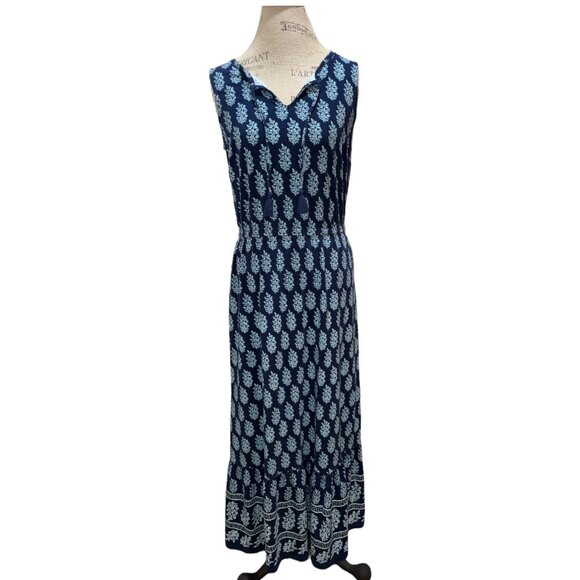 Talbots Navy & Light Blue Floral Ruffled Sleeveless Tie Front Maxi Dress Size M - Picture 1 of 12